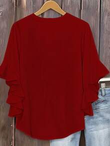 Size - Size - Women's Blouse With Ruffles And Three-Quarter Sleeves, Solid Color, Casual Loose Fashion, V-Neck, For Business - Merah - View 6