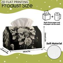 1 pieza Caja de pañuelos plana impresa en 2D, patrón de calavera y rosa, caja de almacenamiento de pañuelos, cubierta rectangular para caja de pañuelos, caja de almacenamiento de pañuelos para el hogar, cubierta de caja de pañuelos para escritorio, soporte de pañuelos multiusos y duradero, cubierta de caja de pañuelos para coche - Multicolor - Ver 3