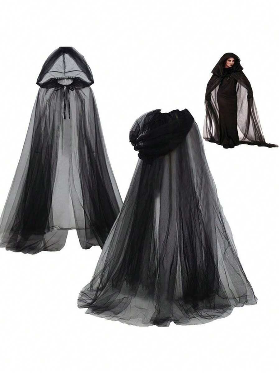 1PC Double Hood Three-Layer Tulle Cape | Black Halloween Cloak & White Bridesmaid Wedding Veil Cape - Multicolor - View 1
