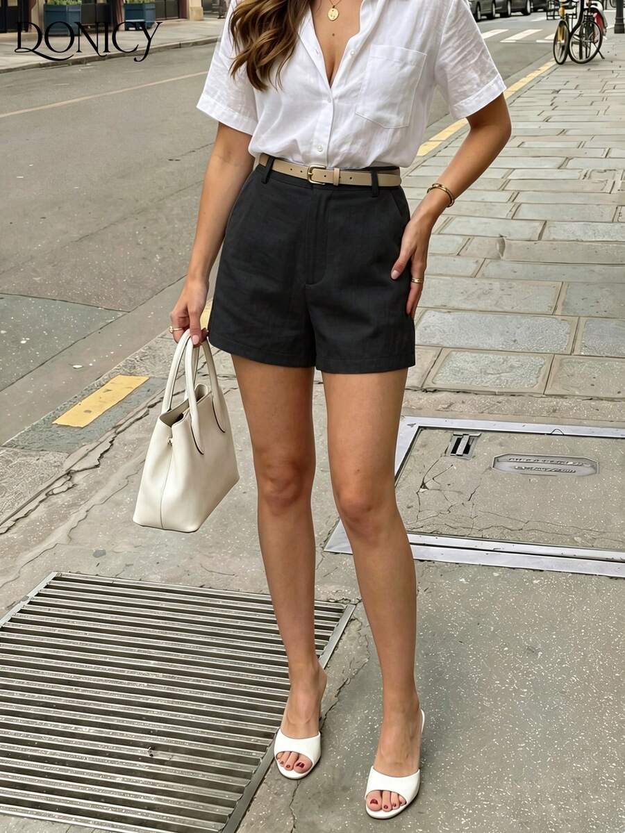 DONICY 女款黑色高腰 A 字休閒短褲,鈕扣門襟,夏季通勤辦公穿搭 - 黑色 - 查看 1