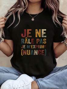 Camiseta de manga corta para mujer, cuello redondo, talla grande, con estampado gráfico francés de verano y texto "No me quejo, solo me expreso (de forma moderada)". - Negro - Ver 1