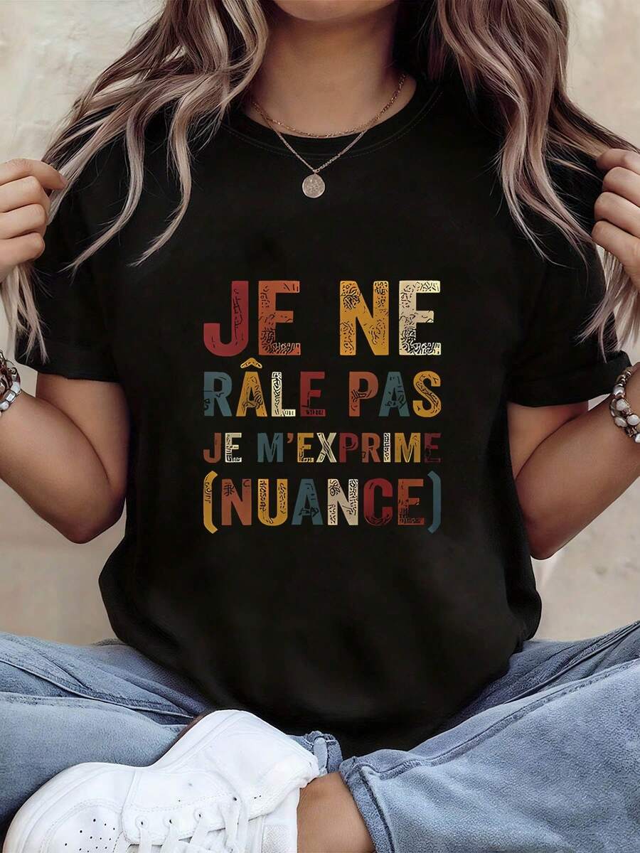 Camiseta de manga corta para mujer, cuello redondo, talla grande, con estampado gráfico francés de verano y texto "No me quejo, solo me expreso (de forma moderada)". - Negro - Ver 1