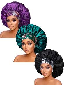 CONFLASS 3/1pc Wide Brim Satin Floral Print Sleep Cap With Wide Elastic Band, Suitable For Braided, Curly, Straight Hair Women's Sleep Cap, Daily Wear - Multicolor - View 19