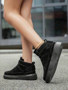 Scarpe da skate da donna retrò nere con lacci anteriori, patchwork, suola piatta, alte, minimaliste, comode, versatili per uso esterno, escursionismo, campus, scarpe sportive da coppia - nero - Visualizzare 8