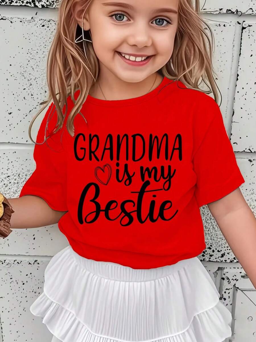 Versatile And Modern Casual T-Shirt For Girls With A Print Of The Phrase "My Grandmother Is My Best Friend". - 紅色 - 查看 1