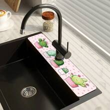 1pc, Home Decor, Pattern Printed Faucet Mat, Durable Polyester, Quick Dry, Easy To Clean, Suitable For Kitchen And Bathroom, Easy To Install, Daily Decoration, Gift, Bathroom Mat, Durable Faucet Mat, Faucet Accessories, Faucet Splash Guard, Mud Guard, Moisture-Proof Non-Slip Faucet Mat, Kitchen Countertop Accessories, Protect Your Kitchen Countertop. - Multicolor - View 9