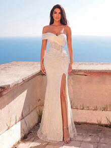 Faeriesty Elegant Women's Strapless Long Formal Mermaid Evening Gown With Beaded Sequins And Slit, Perfect Party Dress Wedding Fall - Apricot - View 5