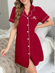 Vestido de dormir/pijama para mujer con cuello vuelto, abotonado, bolsillo parche, decoración de moño y ribete de contraste - Rojo - Ver 13
