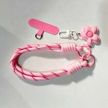 1 pieza Cordón de muñeca trenzado con doble nudo popular de INS, duradero y resistente al desgaste con colgante de flor, cadena anti-pérdida para teléfono, colgante para funda de teléfono, colgante para llavero - Rosa - Ver 3