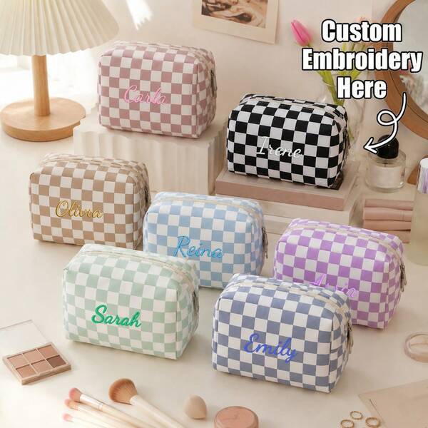 Personalized Checkered Cosmetic Bag For Girl, Large Capacity Travel Toiletry Pouch, Aesthetic Wash Bag, Portable Zipper Makeup Bag, Cute Gift