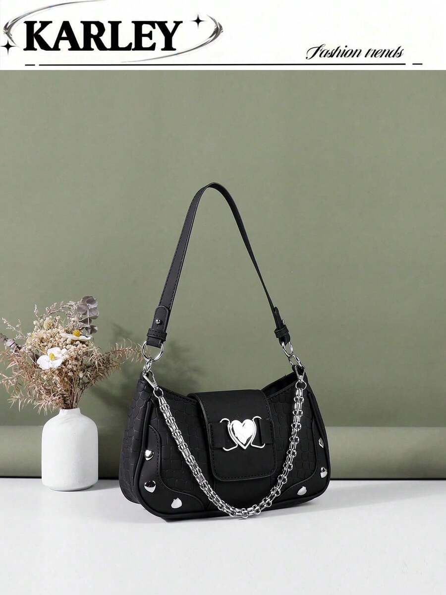 Y2K Biker Style Handbag With 3 Straps, Fashionable Faux Leather Casual Shoulder Bag With Heart Decoration, Versatile Crossbody Bag Suitable For Women, Girls, Students, Etc. - 黑色 - 查看 1