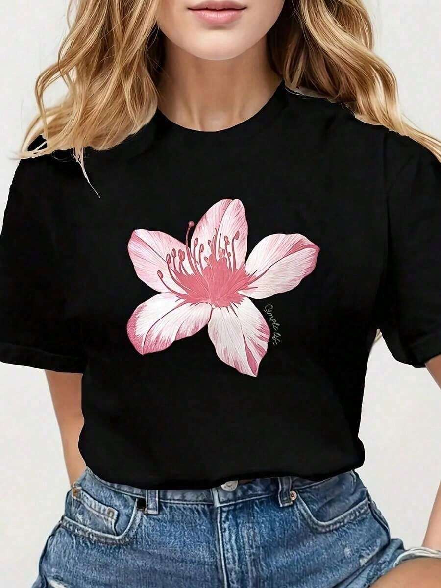 Camiseta algodón mujer estampado flor de durazno en acuarela detallada, versátil para look primaveral diario - Negro - Ver 1