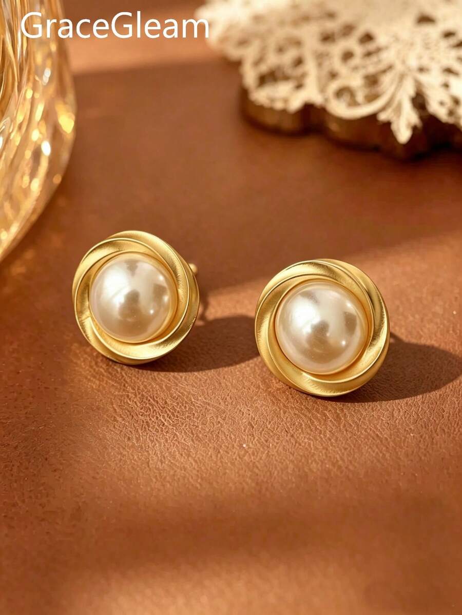 1 par de pendientes de botón de diseño geométrico vintage francés con perlas falsas doradas, diseño exagerado y nuevo de nicho, adecuados para uso diario y festivo de mujeres - Dorado - Ver 1