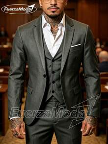 Traje de tres piezas para hombre. |Colección Elite| Confeccionado con tela gruesa, ideal para ocasiones de negocios, entrevistas de trabajo, bodas y otros eventos importantes. - Gris - Ver 3