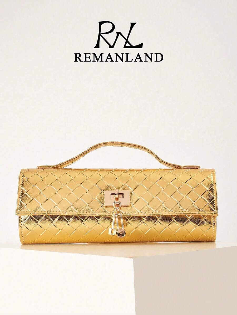 REMANLAND 復古時尚金色編織PU圓筒包,飾有紋理編織設計、金屬鎖扣與隱藏式手柄,適合舞會、晚宴與慶典,送給女性的完美禮物 - 金色 - 查看 1