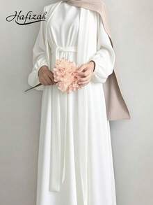 2pcs Women Simple Solid Color Cardigan Robe And Long Dress Set, Excluding Headscarf Spring White - White - View 1