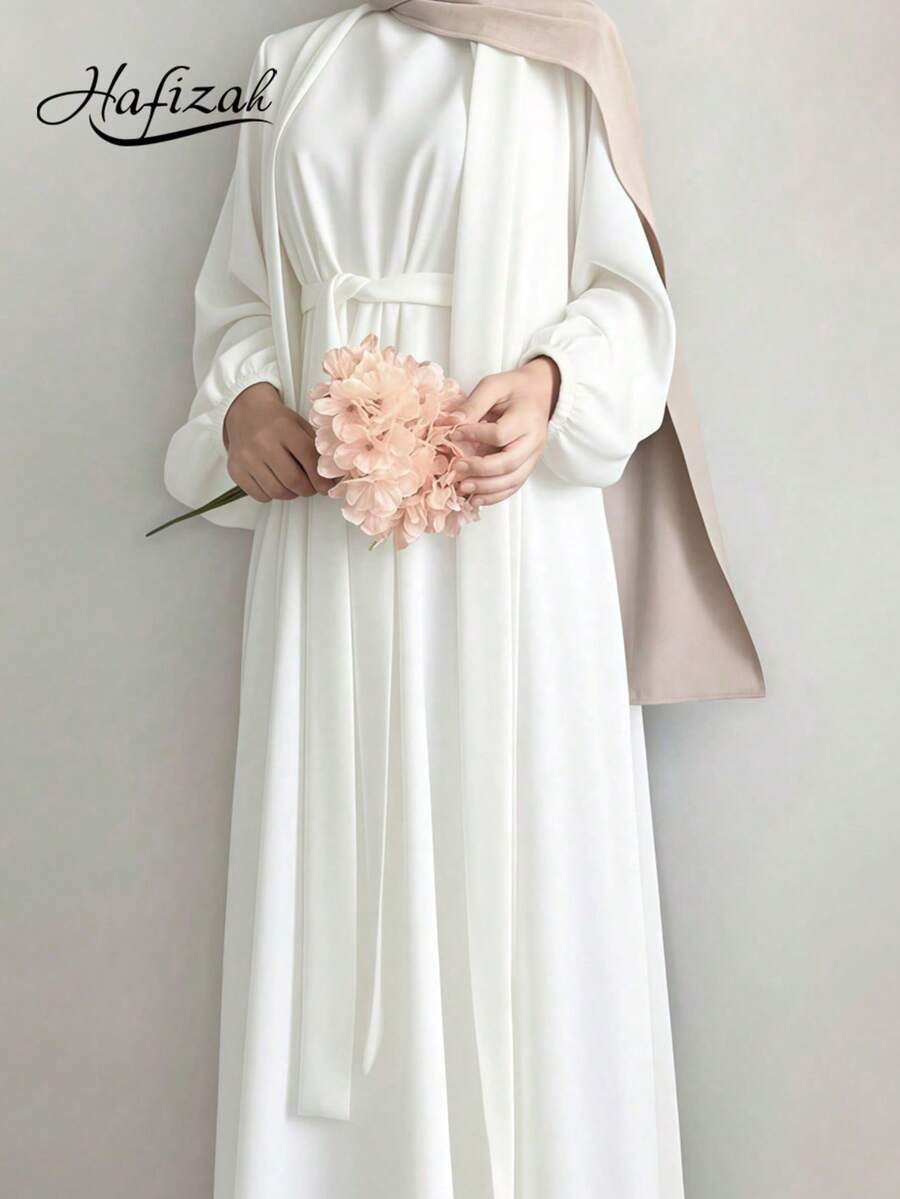 2pcs Women Simple Solid Color Cardigan Robe And Long Dress Set, Excluding Headscarf Spring White - White - View 1