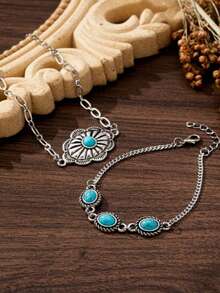 2pcs/Set Western Cowboy Vintage Oval Flower Chain Bracelet, Fashionable Design Versatile Faux Turquoise Bracelet Set - Multicolor - View 3