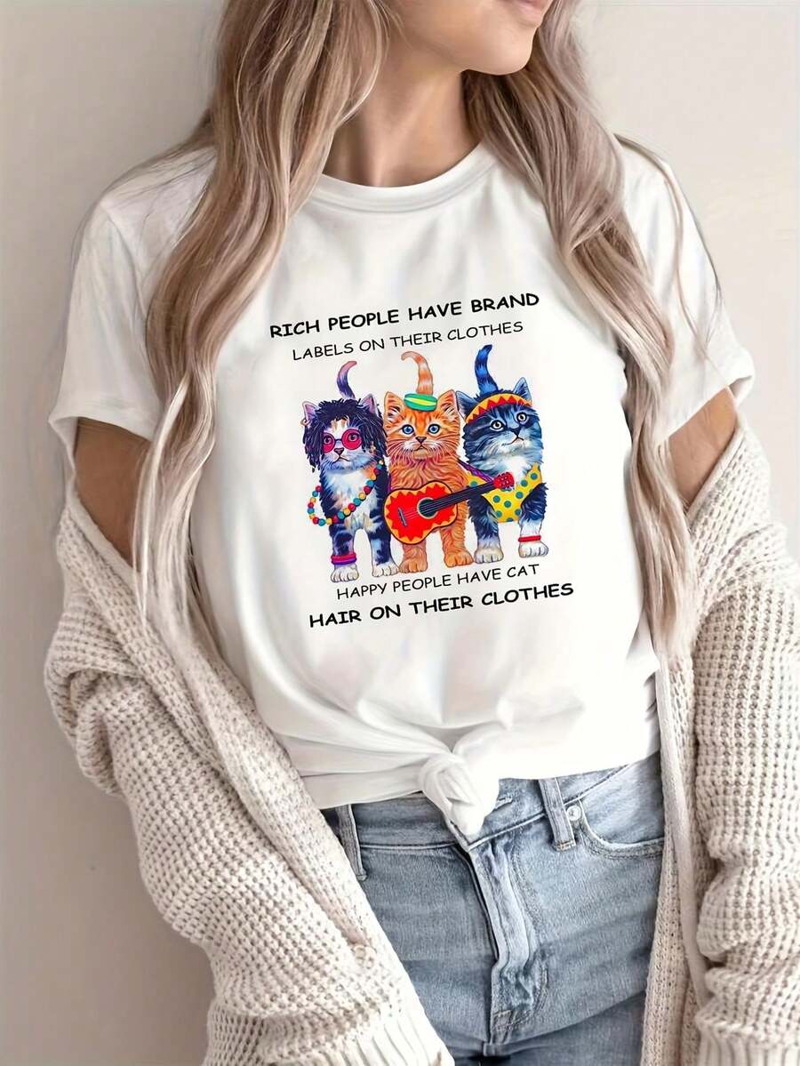 Respirable Camiseta de Mujer con Estampado de Guitarra de Mariachi Mexicano |   Camiseta de verano de manga corta y cuello redondo, blanca y casual, adecuada par,100 % algodón,blusas para mu - Blanco - Ver 1
