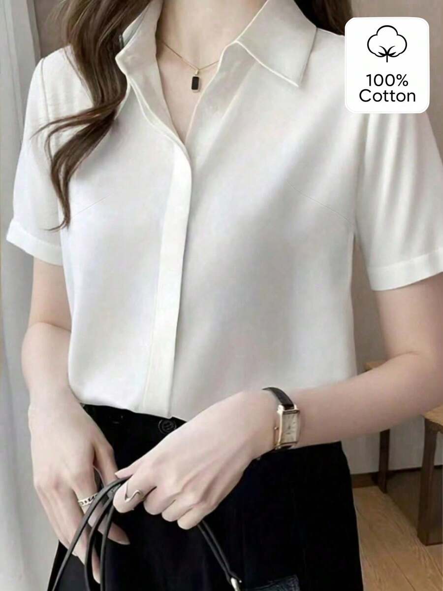 Solid Beige 100% Pure Cotton Short Sleeve Button-Up Shirt, Women's 40S Washed Cotton Regular Fit Casual Workwear Shirt, Commuter Essential - White - View 1