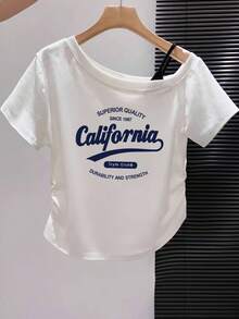 白色露肩方領 California 字體印花短袖 T-shirt 女款夏季修身顯身材性感風上衣 美式復古休閒 - 白色-印花藍 - 查看 6
