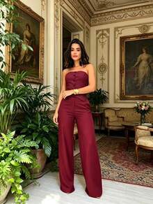 Tailored Set: Sensual Pants And Strapless Blouse With Buttons - Perfect For New Year's, Christmas, Summer, And Vacation - 深紅色 - 查看 2