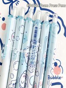 6支裝可愛泡泡伸縮凝膠筆套組，療癒兔子與熊設計，0.5mm快乾黑墨水，清新INS風學生開學文具 - 彩色 - 查看 3