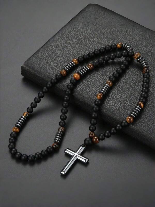 1pc Vintage Natural Yellow Tiger Eye Black Round Bead Natural Stone Necklace, Suitable For Men's Daily Wear