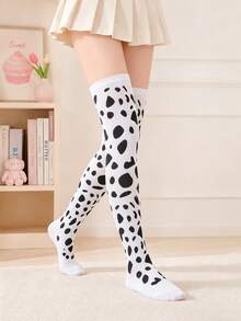 Women's White Over-The-Knee Socks, Black Cow Print, Soft Elastic Long Socks, Suitable For Cute Daily Wear - White - View 2