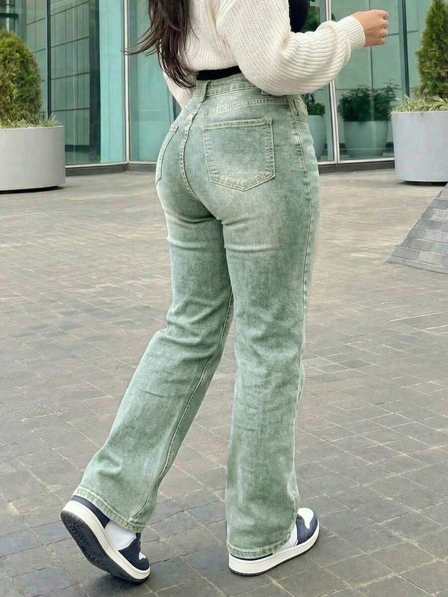 Women's Vintage-Style Wide-Leg Straight-Leg Jeans, Casual For Spring - 淺色水洗 3 - 查看 1