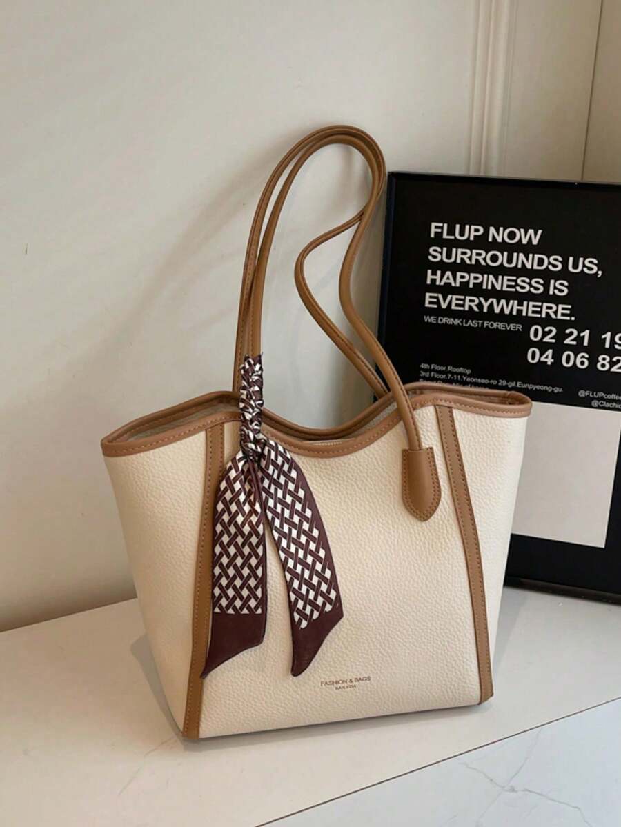 Large Capacity Minimalist Vintage-Style Handbag In Solid PU Leather With Matching Scarf, Versatile And Elegant Women's Bag, Fashionable Bag With Bow, Eye-Catching Handbag - 深灰色 - 查看 1