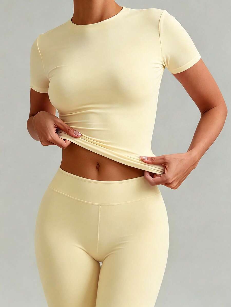 XLLAIS Women's Casual Slim Fit Solid Color Short Sleeve Round Neck T-Shirt, Yellow, Summer - Mustard Yellow - View 1