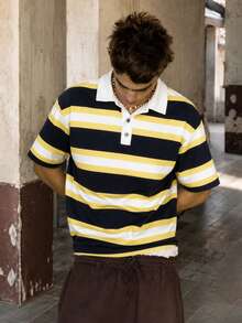 FRACTYR Men's Summer Casual Black Yellow White Wide Horizontal Striped Loose Polo Shirt, White Collar Button Short Sleeve Casual Top, Comfortable Breathable Short Sleeve Casual, Suitable For Outdoor Wear - Yellow - View 1