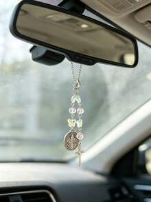 1 Colgante de Espejo Retrovisor de Coche Marca Retro Cross Saint, Icono de Cruz de Metal, Diseño de Cadena de Cuentas de Cristal, Accesorios de Decoración Interior GM, Estilo dibujos animados Kawaii Divertido - Cruz retro - Ver 2
