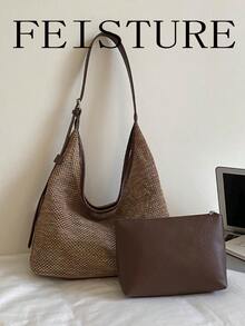 FEISTURE 1 pieza Bolso de hombro tejido de gran capacidad para mujer - Caqui - Ver 5