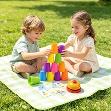 1 Set Juego de Tazas de Apilamiento Rápido, Juguete Interactivo de Apilamiento de Velocidad para Padres e Hijos, Incluye Tarjetas de Patrones y Campana, Juego de Mesa de Entrenamiento de Lógica Educativo, Adecuado para Reuniones Familiares - Multicolor - Ver 7
