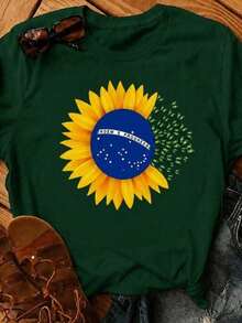 Women's T-Shirt Blouse For The 2026 Brazil Cup With Sunflowers And Butterflies, Stylish, 100% - 軍綠色 - 查看 1