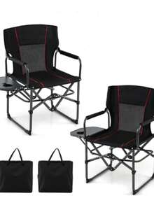 Folding Camping Chair, Heavy-Duty Director Chair With Side Table & Cup Holder, Portable Padded Chair With Carrying Bag For Picnic Beach Fishing Sports, Supports Up To 500 LBS - 黑色 - 查看 13