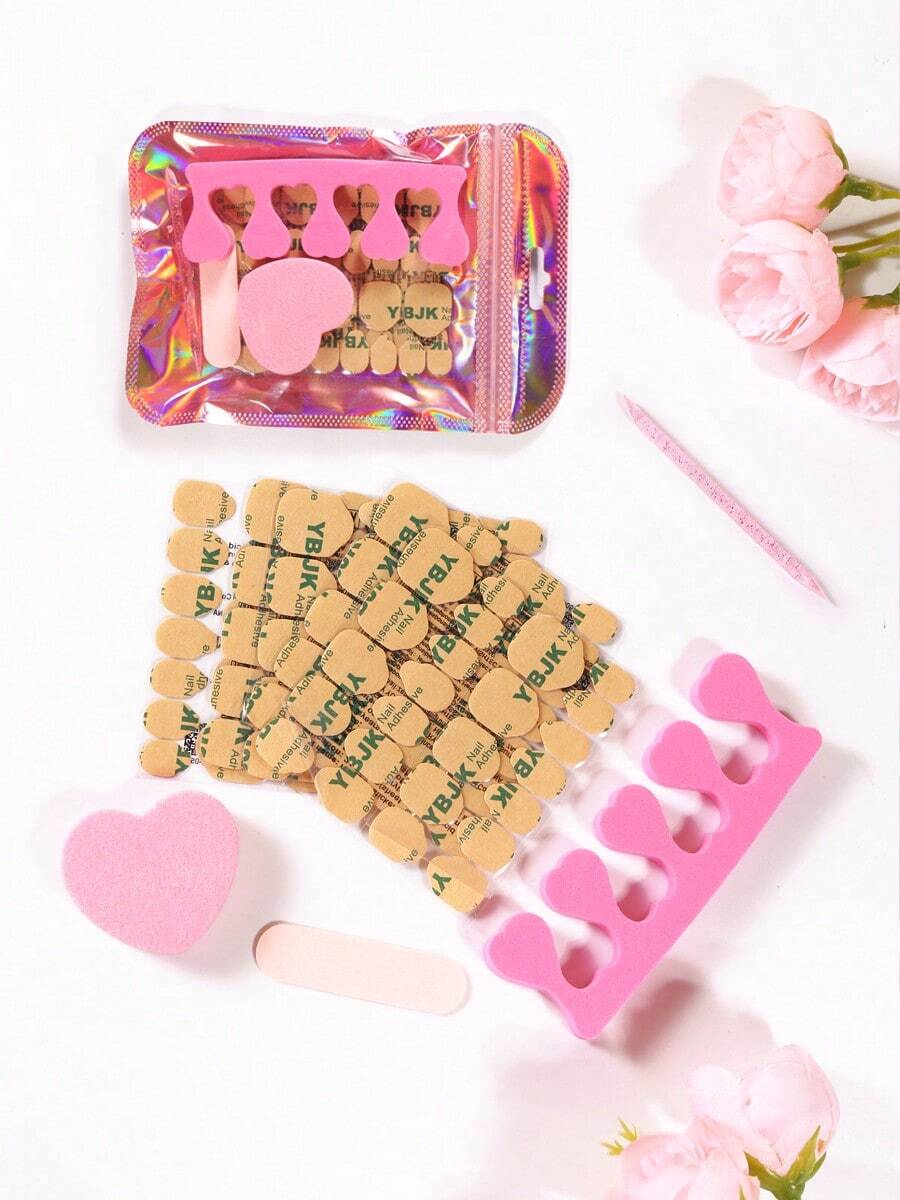 YBJK Kit Persiapan Kuku 5-in-1: Lem Jelly, Buffer Pink, Kikir Kuku, Pemisah Jari Kaki & Stik Kutikula, Set Manikur DIY Portabel untuk Kuku Tempel. - Berwarna merah muda - View 1