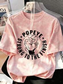 Camiseta de manga corta con cuello redondo para mujer, nuevo estampado de dibujos animados y letras de verano, top casual holgado y versátil, uso diario de moda en color rosa - Rosa - Ver 2