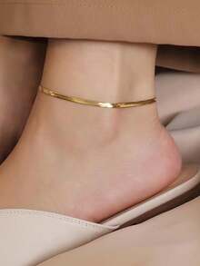 1pc Flat Chain Anklet, Minimalist Fashion Bare Chain, Chain Design, Flat Snake Chain Anklet, Beach Chain - Gold - View 1