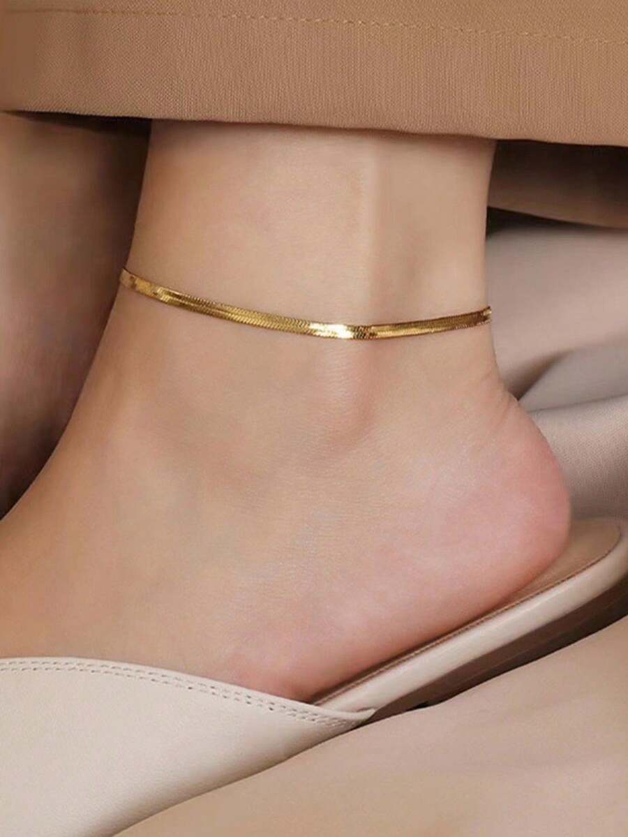 1pc Flat Chain Anklet, Minimalist Fashion Bare Chain, Chain Design, Flat Snake Chain Anklet, Beach Chain - Gold - View 1
