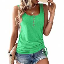Plain T-Shirt With U-Neck, Buttons, Loose Fit, Short Sleeves, Drawstring, Women's Spring-Summer European-American - 黑色 - 查看 4
