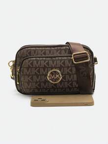 Dedoo 復古字母印花相機斜挎包，PU皮革，寬版可調節肩帶，金色五金，多口袋，女性日常單肩手提包，適合旅行與購物 - 咖啡 - 查看 7