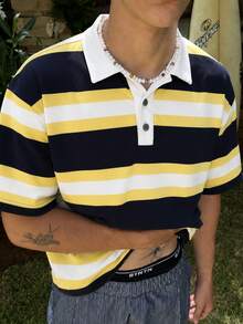 FRACTYR Men's Summer Casual Black Yellow White Wide Horizontal Striped Loose Polo Shirt, White Collar Button Short Sleeve Casual Top, Comfortable Breathable Short Sleeve Casual, Suitable For Outdoor Wear - Yellow - View 2