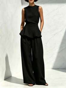 Women's Two-Piece Set: Sleeveless Blouse With Round Neck, Ruffled Hem, Fitted Waist, And Textured Palazzo Pants; Elegant Casual Outfit For Office, Everyday Wear, And Going Out - 黑色 - 查看 3
