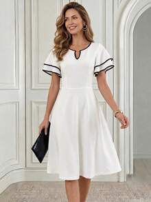 Elegant Women's Summer Dress With Contrasting Trim, Keyhole Neckline And Ruffled Sleeves - White - View 1
