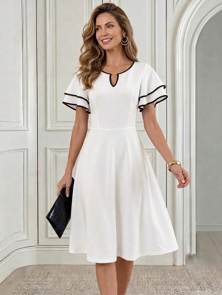 Elegant Women's Summer Dress With Contrasting Trim, Keyhole Neckline And Ruffled Sleeves - White - View 1