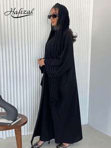 Women's Striped Embroidered Abaya With Headscarf - Black - View 1
