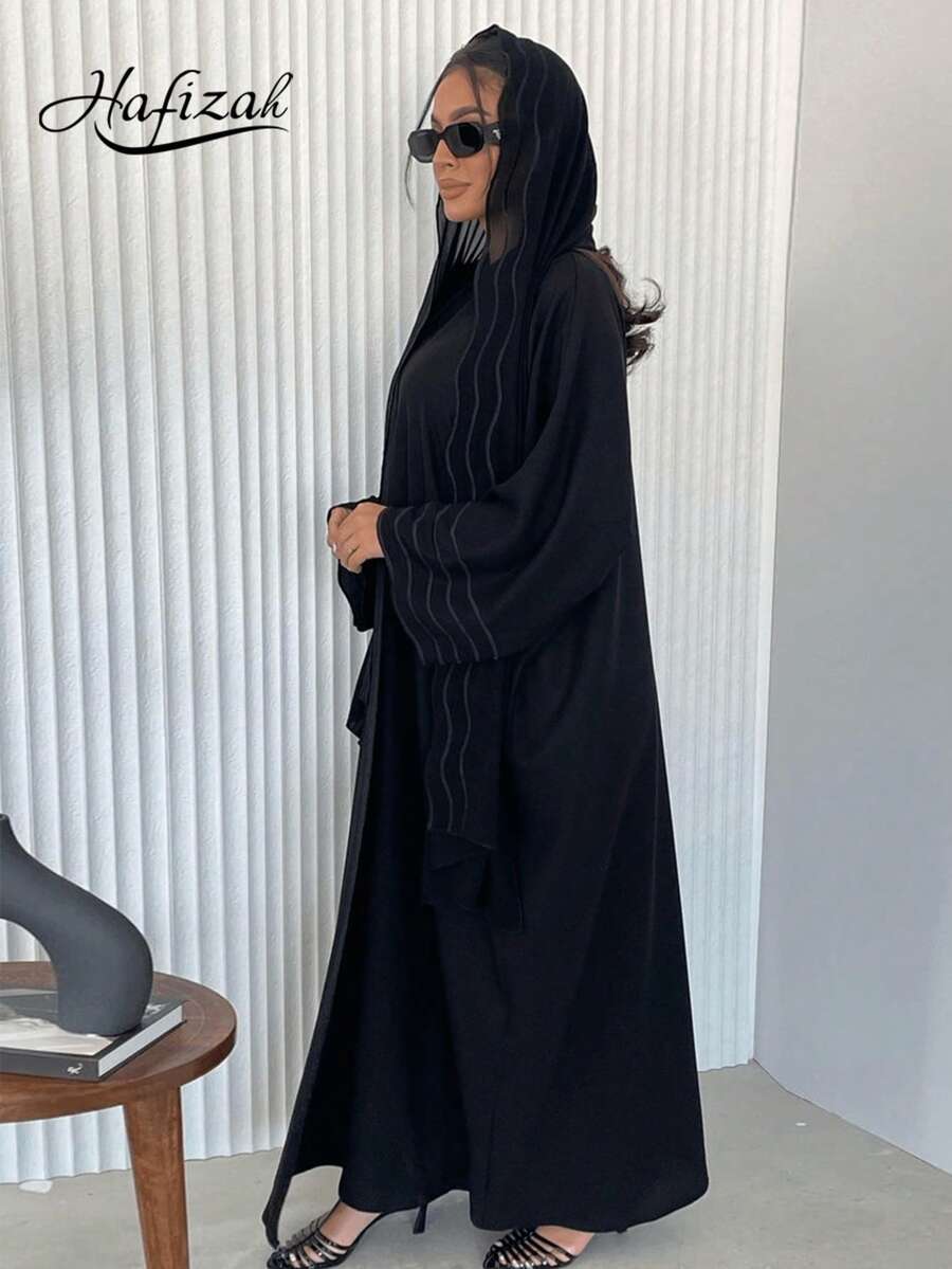 Women's Striped Embroidered Abaya With Headscarf - Black - View 1